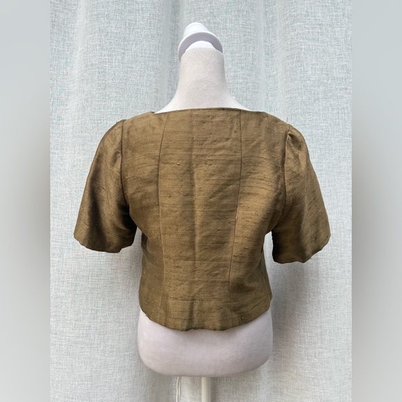 1960 cropped jacket olive green textured short sleeve silk - Picture 2 of 7